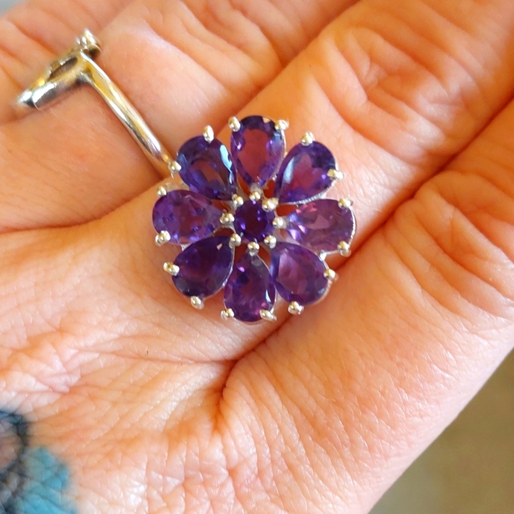Amethyst Flower Sterling Silver Ring Size 7.25